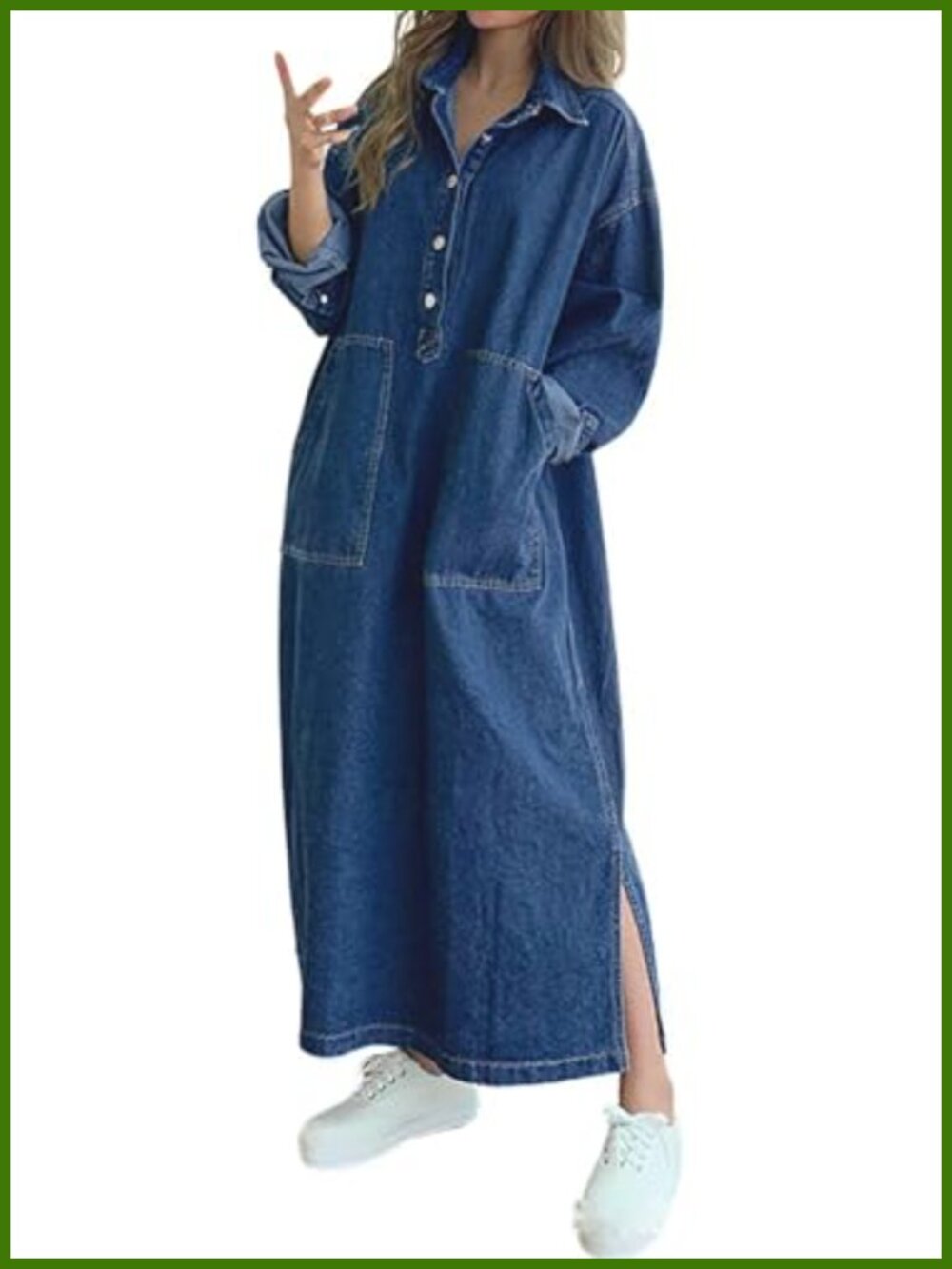Long Sleeve Denim Maxi Shirt Dress Side Split Button Down Loose Fit